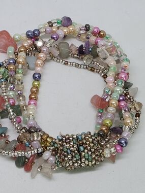 Vintage Multi Strand Boho Fairy Gemstone Pearl Pastel Magnetic Close Bracelet